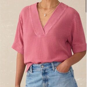 Faherty Deep Pink Textured V-Neck Blouse